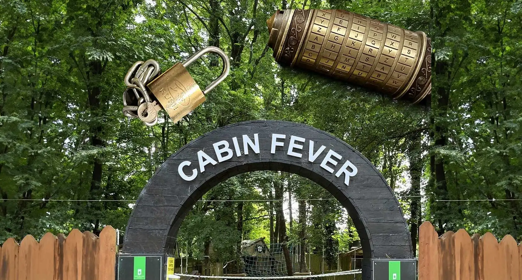 Aerial view of Fota Island Adventure's Cabin Fever event, showcasing the lush green landscape and cabins.