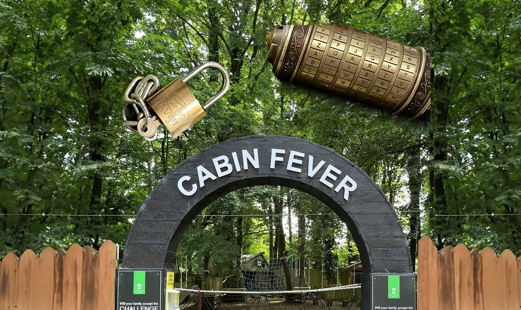 Aerial view of Fota Island Adventure's Cabin Fever event, showcasing the lush green landscape and cabins.