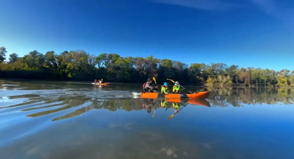 A group of people kayaking on a calm lake at Fota Island Adventure, surrounded by lush greenery.
