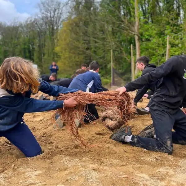 Team members at Fota Island Adventure working together to build a structure from limited resources, enhancing collaboration.